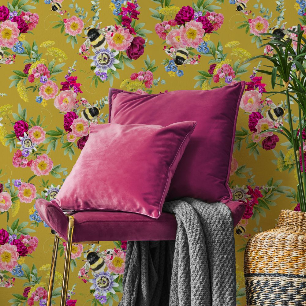 Mixed Bee Wallpaper - Mustard - by Lola Design