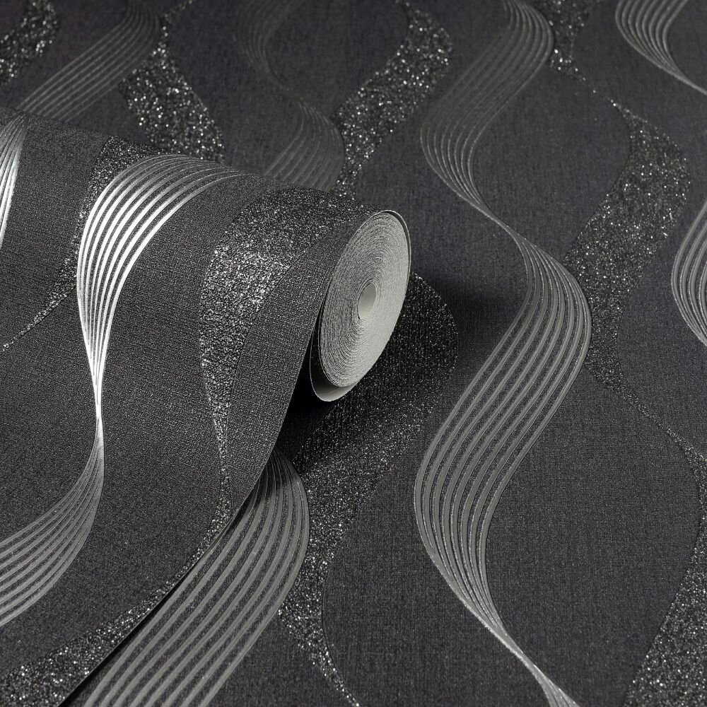 Luxe Ribbon Wallpaper - Black / Silver - by Arthouse