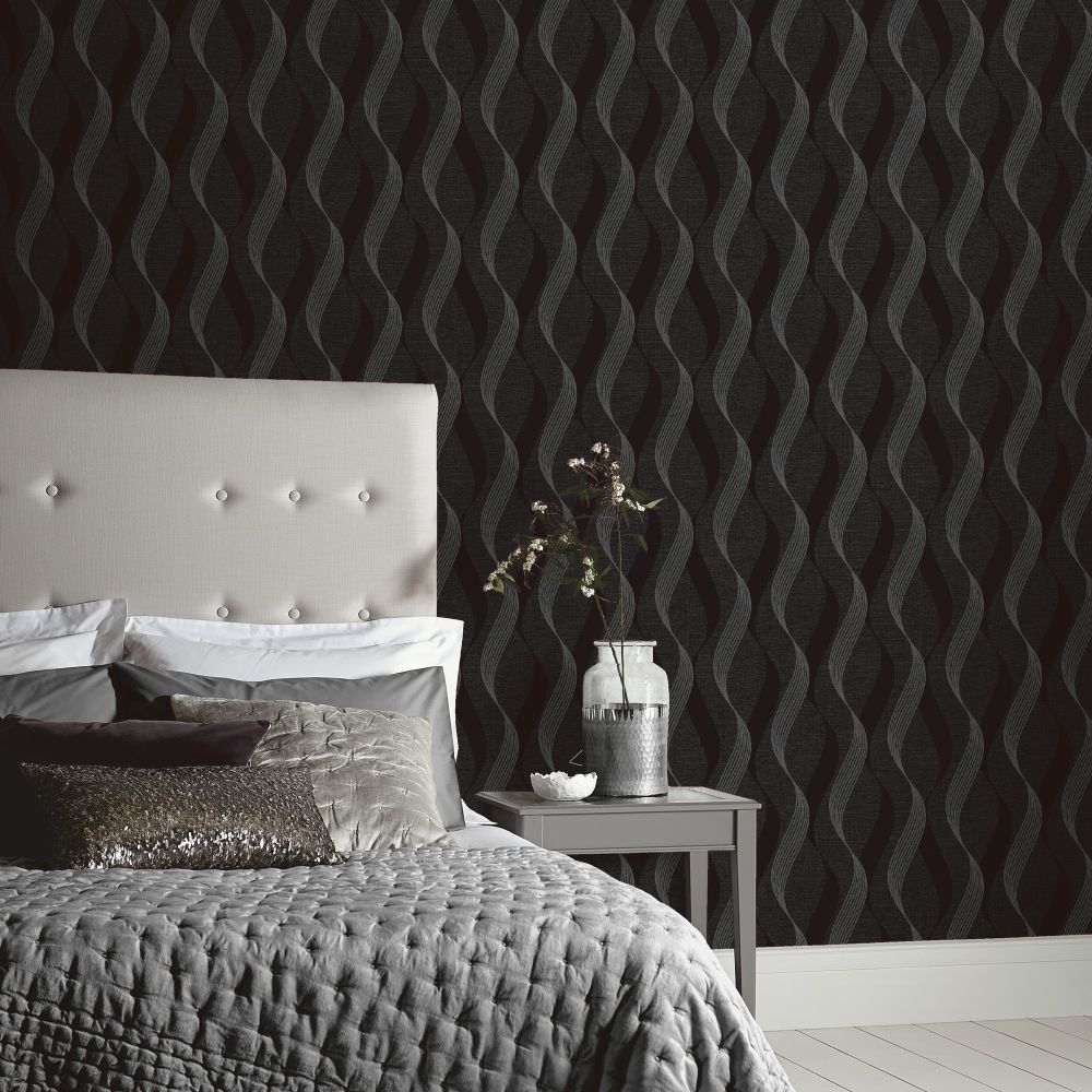 Luxe Ribbon Wallpaper - Black / Silver - by Arthouse