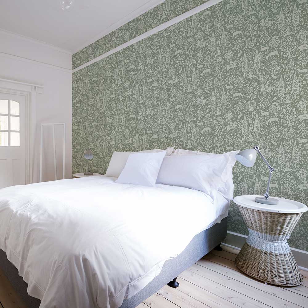 Woodland Wallpaper - Sage Green - by Crown