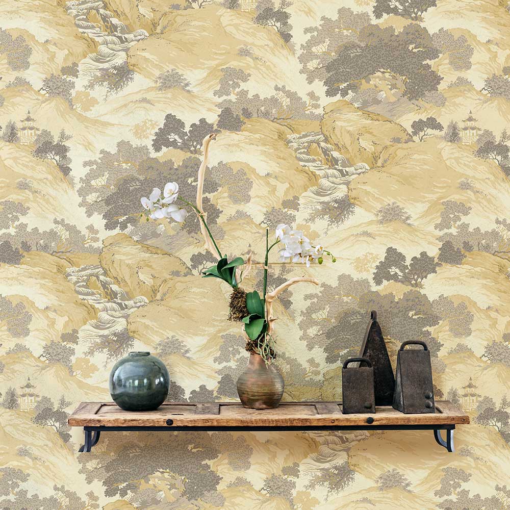 Oriental Landscape Wallpaper - Yellow - by Crown
