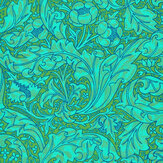 Bachelors Button Wallpaper - Olive / Turquoise - by Morris. Click for more details and a description.