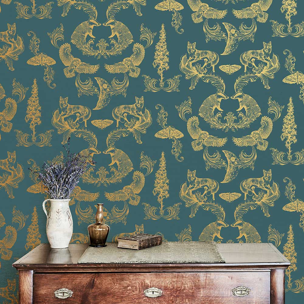 Dipped in Moonlight Wallpaper - Teal / Gold - by Graduate Collection