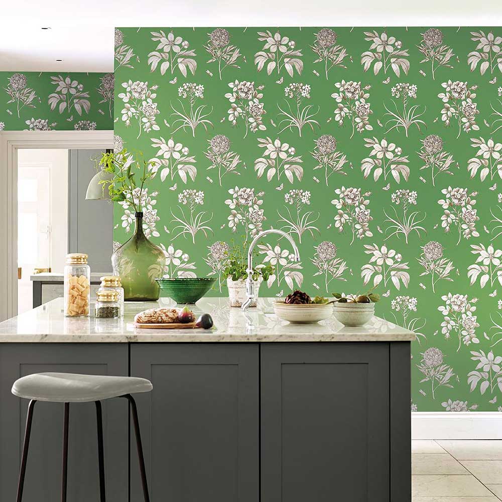 Etchings and Roses Wallpaper - Botanical Green Bright - by Sanderson