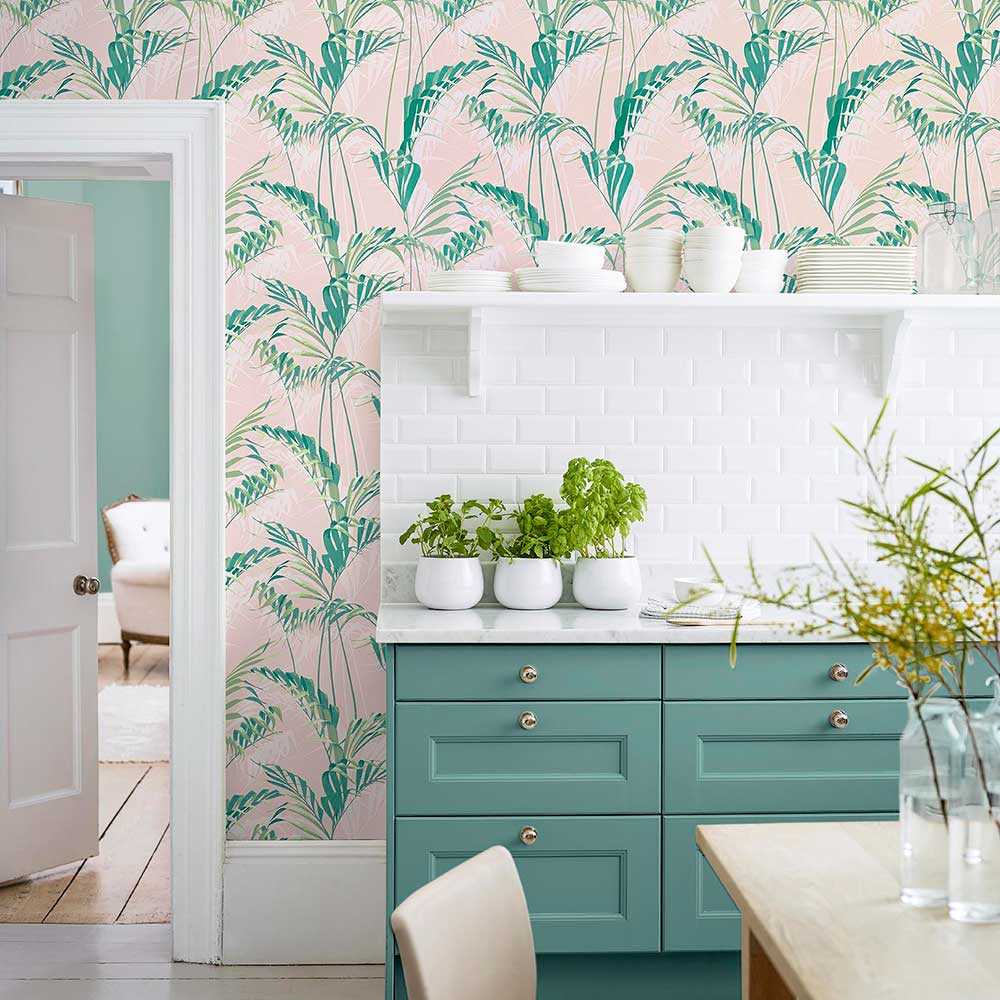 Palm House Wallpaper - Rose / Eucalyptus - by Sanderson