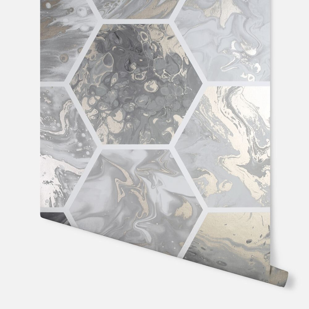 Marbled Hex                   Wallpaper - Charcoal / Rose Gold - by Arthouse