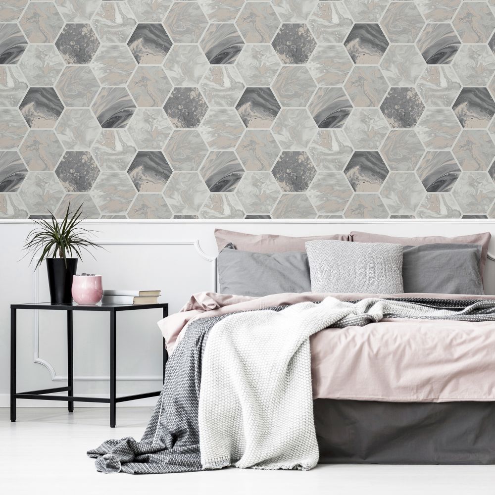 Marbled Hex                   Wallpaper - Charcoal / Rose Gold - by Arthouse