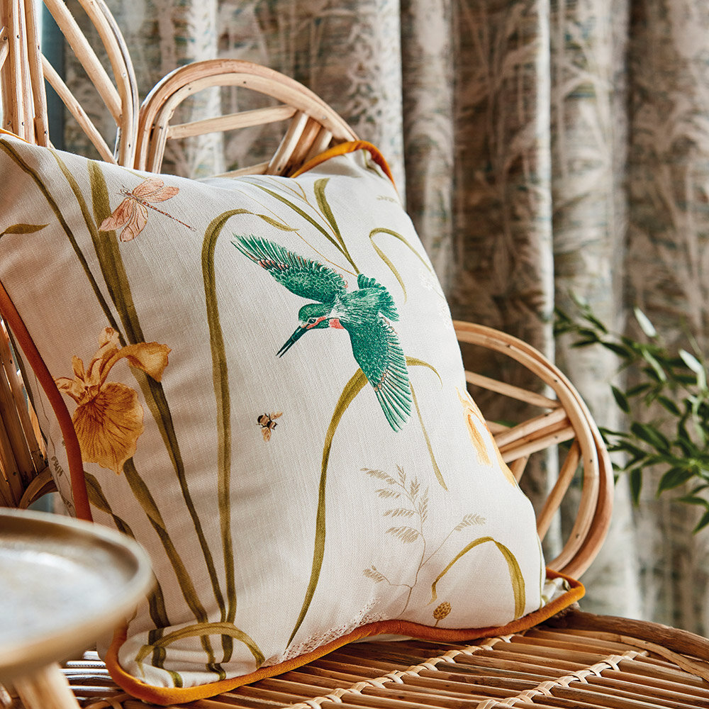 Kingfisher & Iris Fabric - Azure / Linen - by Sanderson