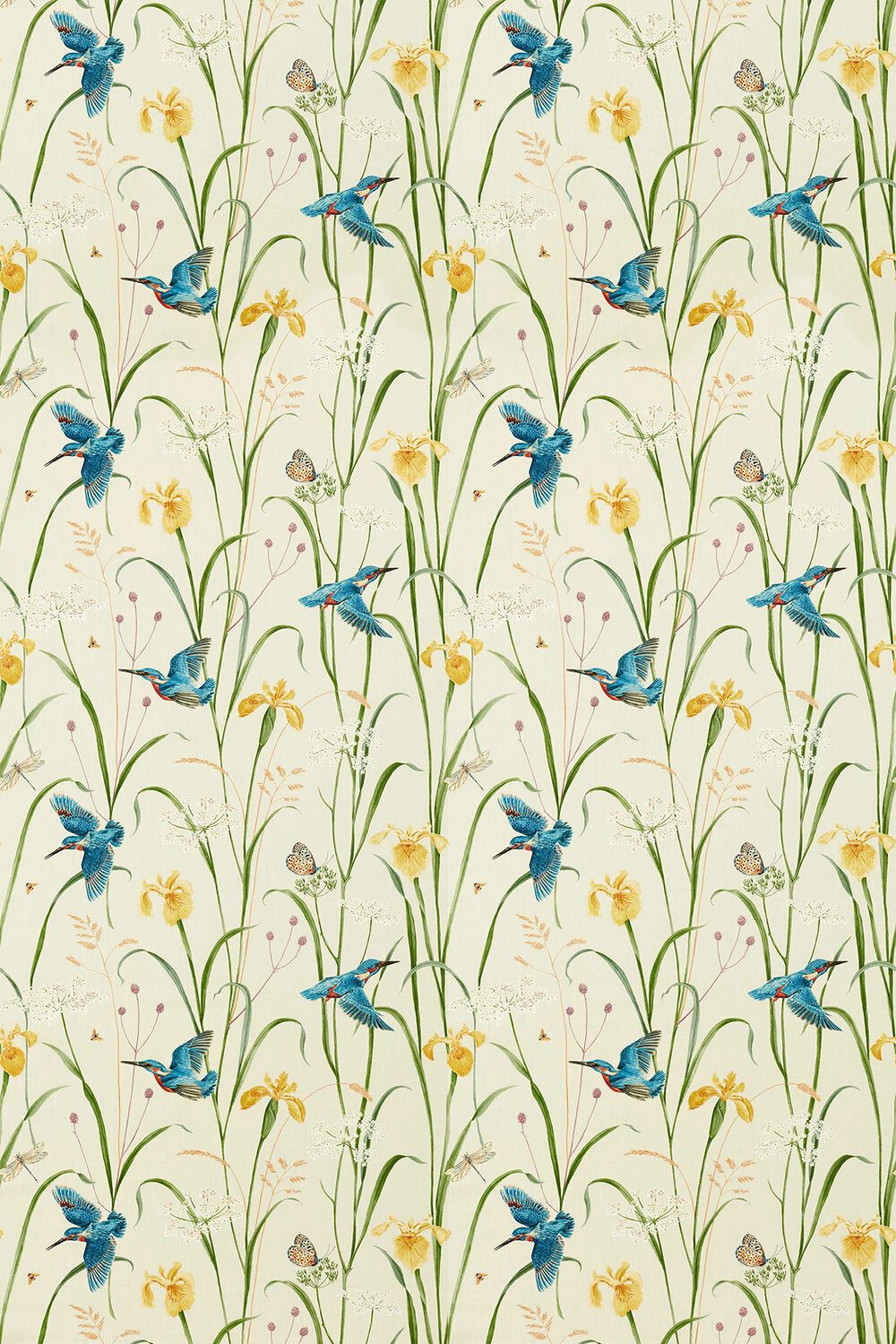 Kingfisher & Iris Fabric - Azure / Linen - by Sanderson