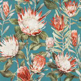 King Protea Wallpaper - Fire Coral / Chasm  - by Sanderson. Click for more details and a description.