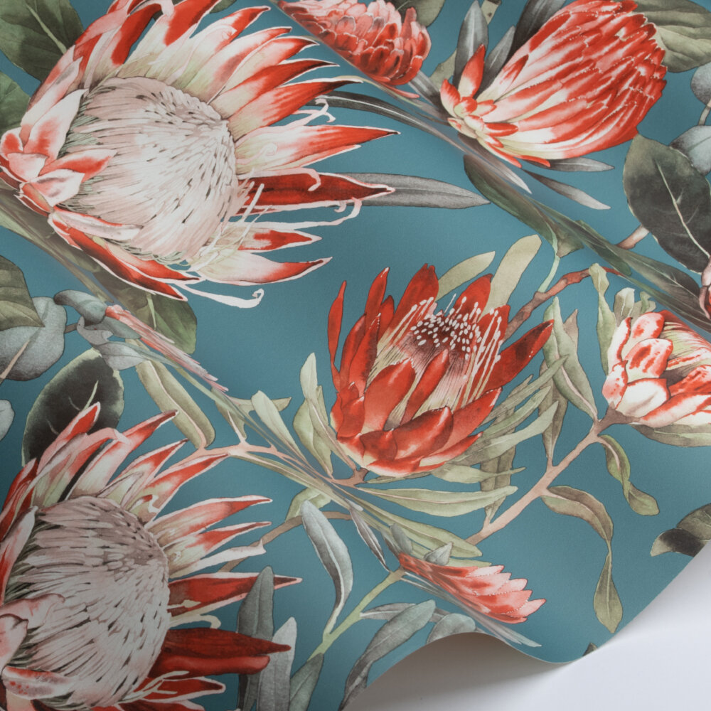 King Protea Wallpaper - Fire Coral / Chasm  - by Sanderson