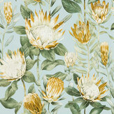 King Protea Wallpaper - Sky Blue / Woodland Yellow - by Sanderson. Click for more details and a description.