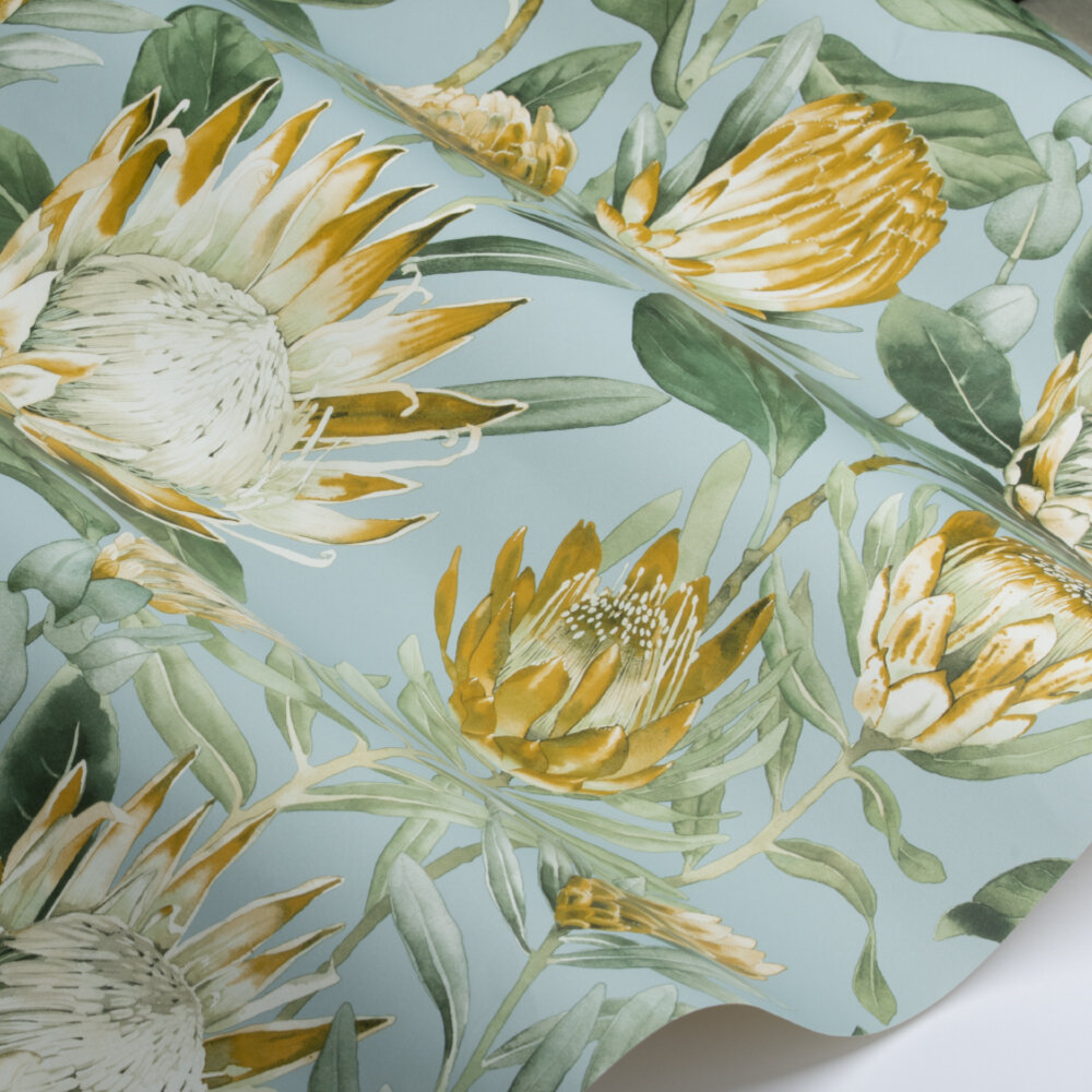 King Protea Wallpaper - Sky Blue / Woodland Yellow - by Sanderson
