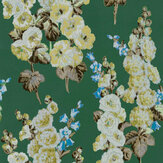 Hollyhocks Wallpaper - Forest / Gold - by Sanderson. Click for more details and a description.