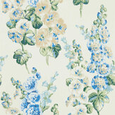 Hollyhocks Wallpaper - French Blue / Ivory - by Sanderson. Click for more details and a description.