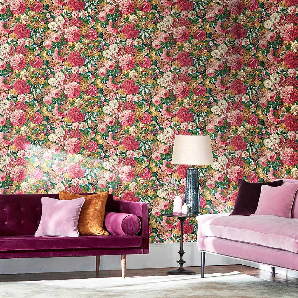Rose & Peony Wallpaper - Cerise / Viridian - by Sanderson