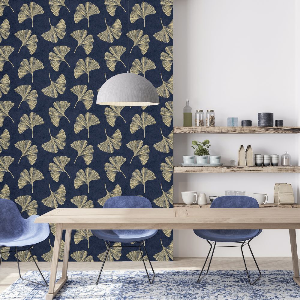 Ginkgo Leaf  Wallpaper - Navy - by Arthouse