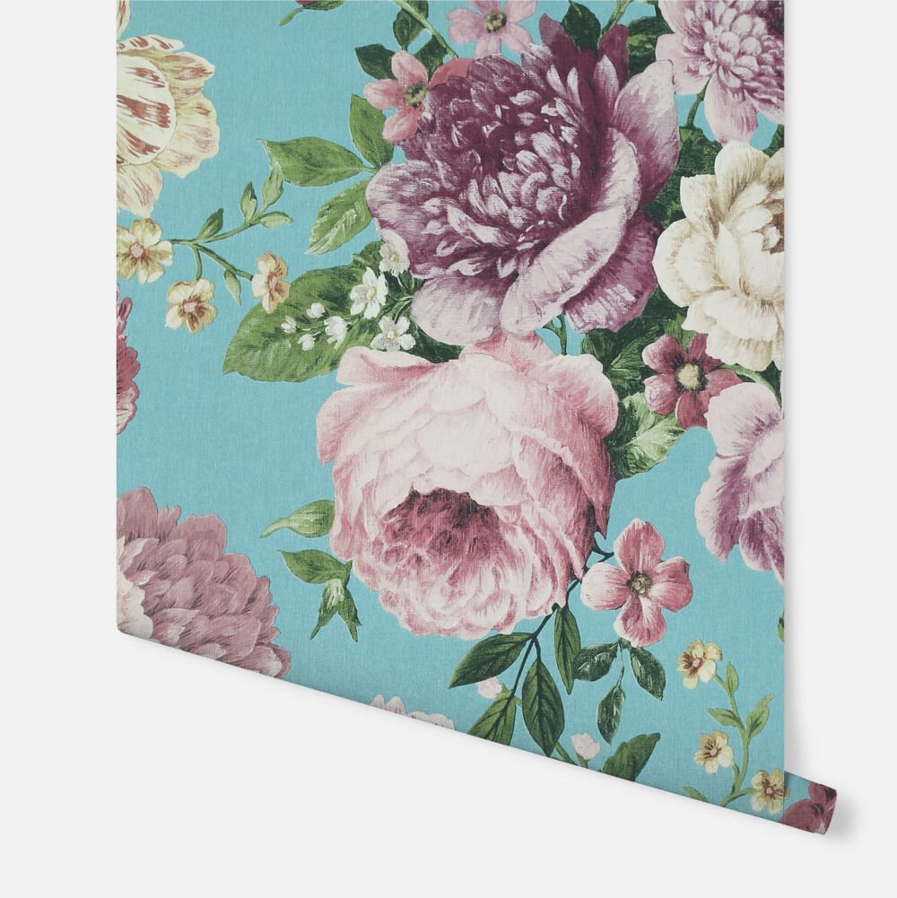 Tapestry Floral  Wallpaper - Teal / Pink - by Arthouse