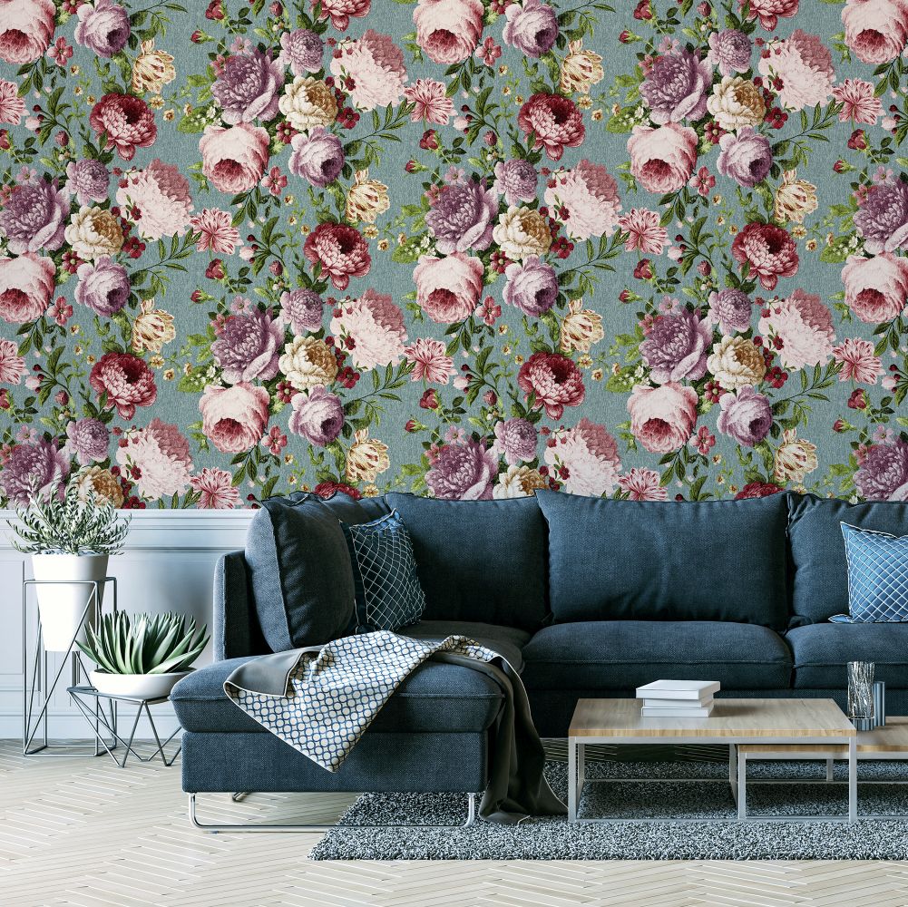 Tapestry Floral  Wallpaper - Teal / Pink - by Arthouse