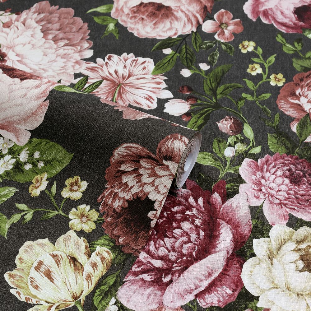 Tapestry Floral  Wallpaper - Charcoal / Pink - by Arthouse