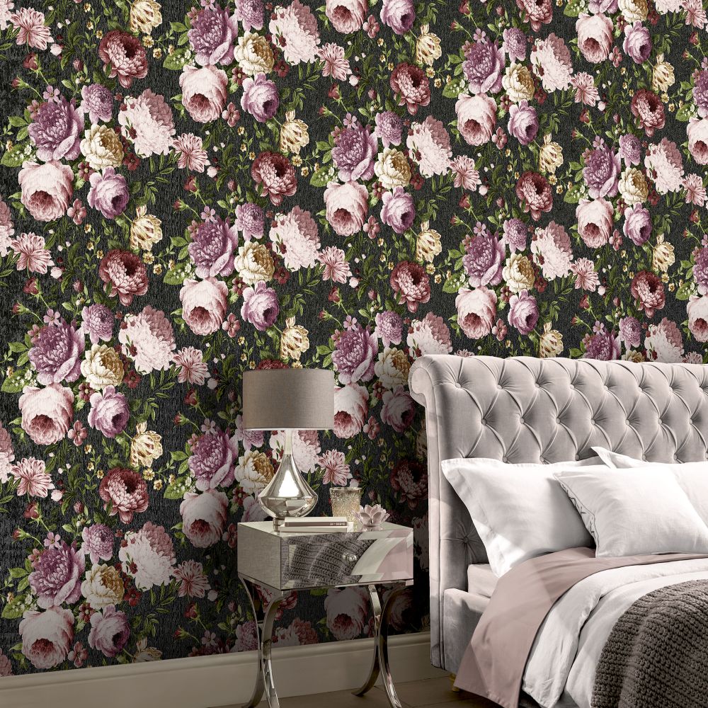 Tapestry Floral  Wallpaper - Charcoal / Pink - by Arthouse