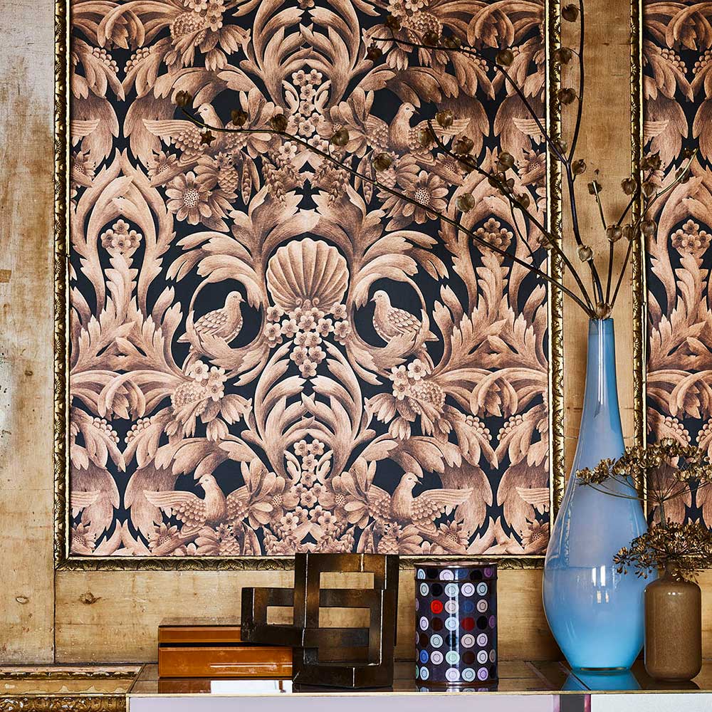 Gibbons Carving Wallpaper - Metallic Bronze / Charcoal - by Cole & Son