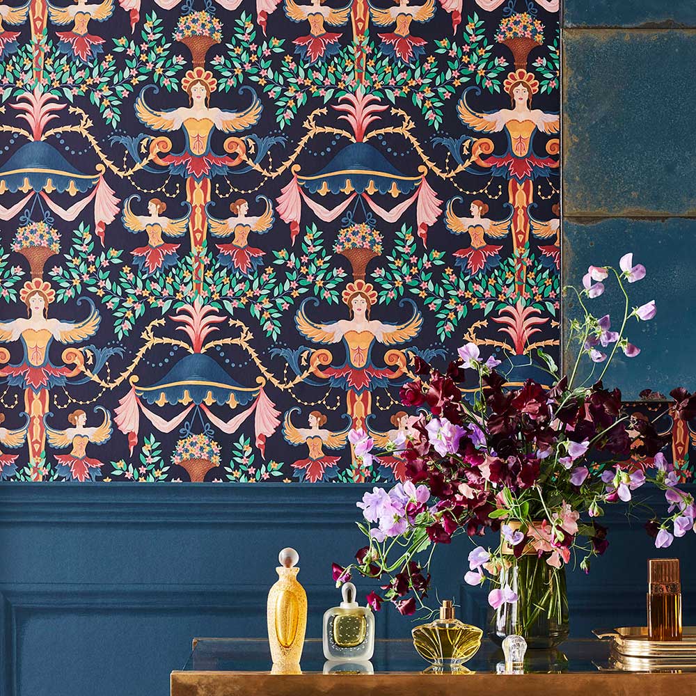 Chamber Angels Wallpaper - Denim / Red / Marigold / Ink - by Cole & Son