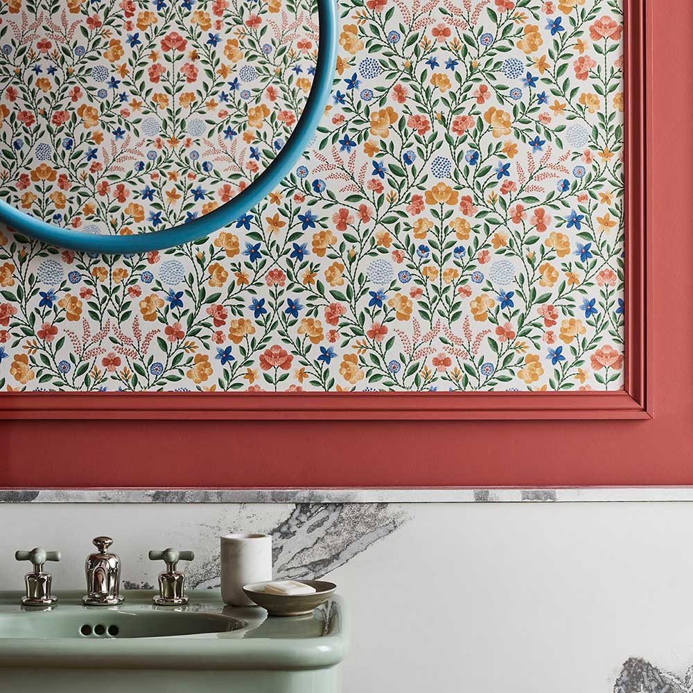 Court Embroidery Wallpaper - Coral / Marigold / Hyacinth / Parchment  - by Cole & Son