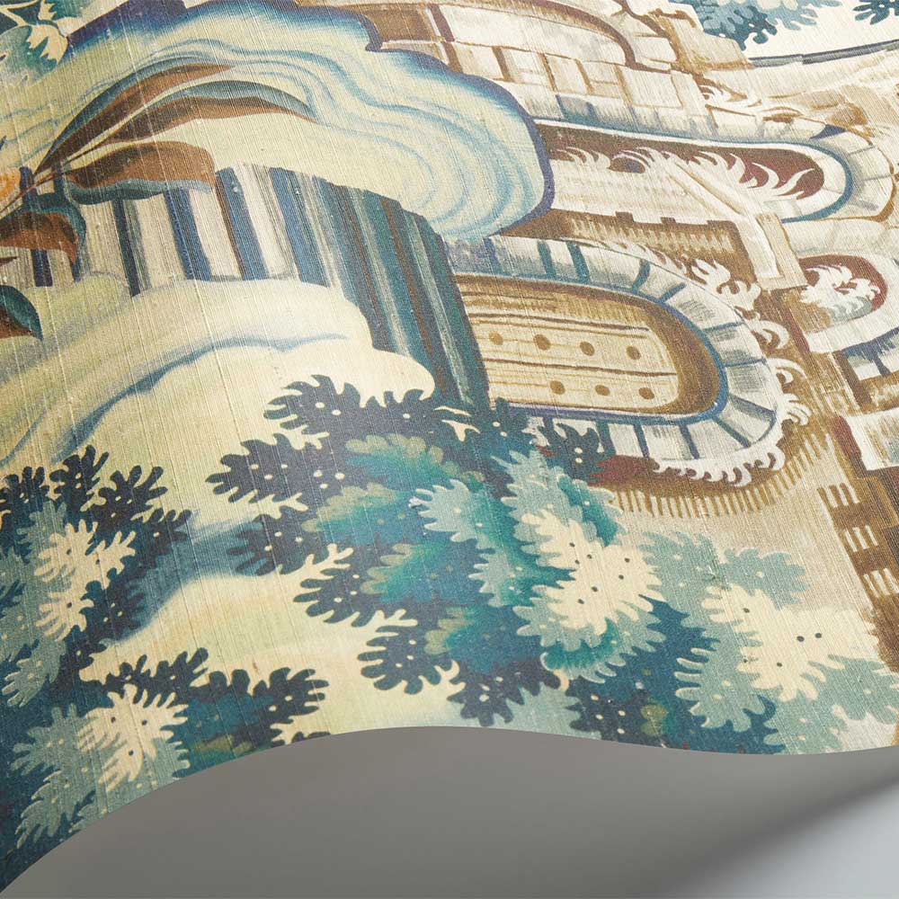 Verdue Tapestry Silk Panel Mural - Petrol / Teal /  Seafoam / Lemon - by Cole & Son