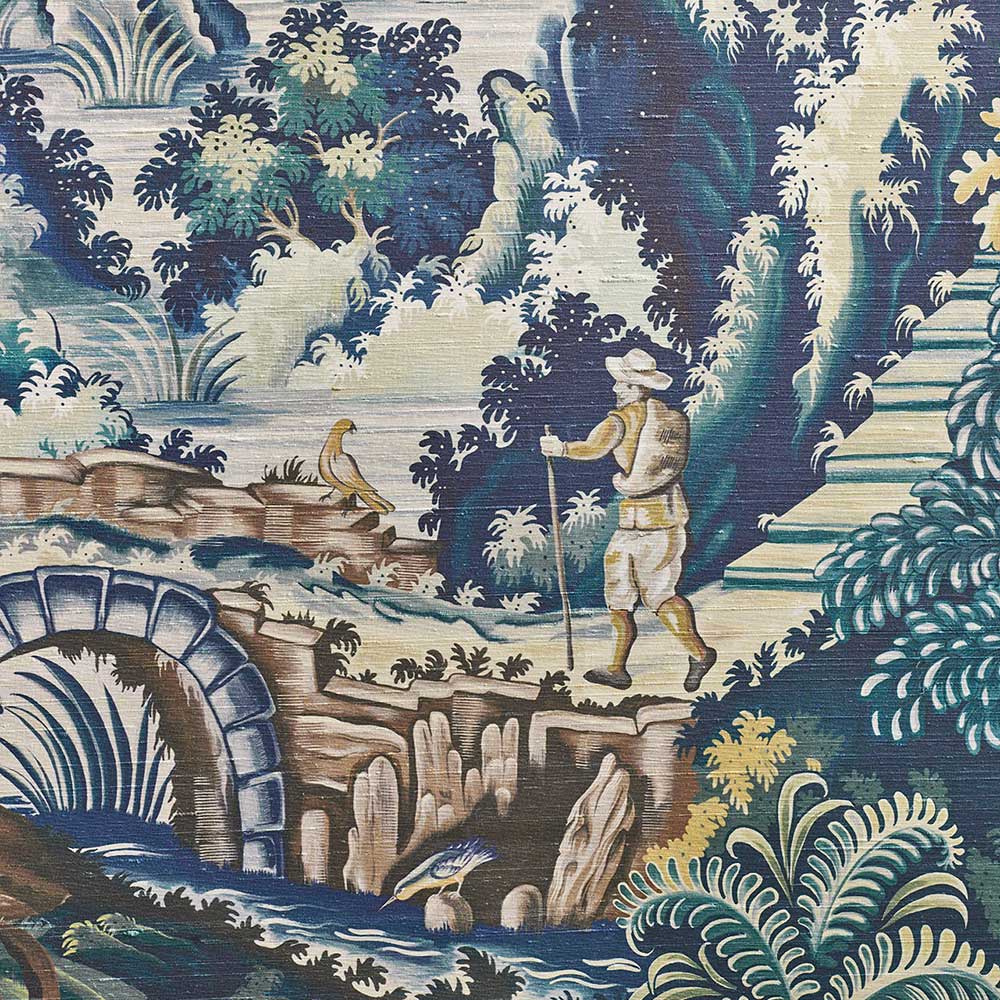Verdue Tapestry Silk Panel Mural - Petrol / Teal /  Seafoam / Lemon - by Cole & Son