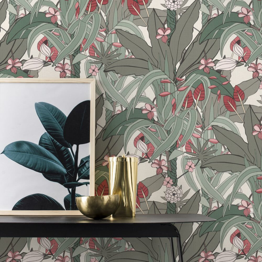Club Botanique Green and Pink Jungle Leaves Wallpaper by Rasch 538915