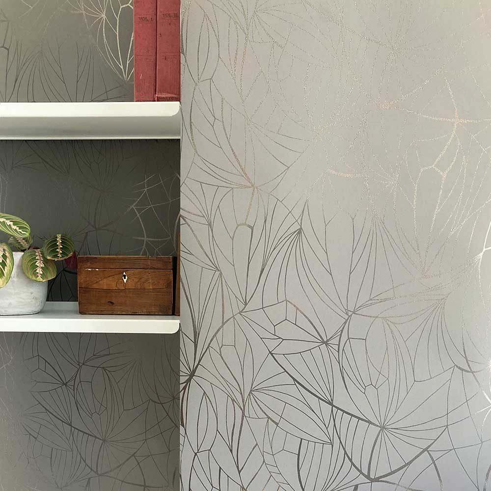 Leaf Wallpaper - Pewter / Limestone - by Erica Wakerly