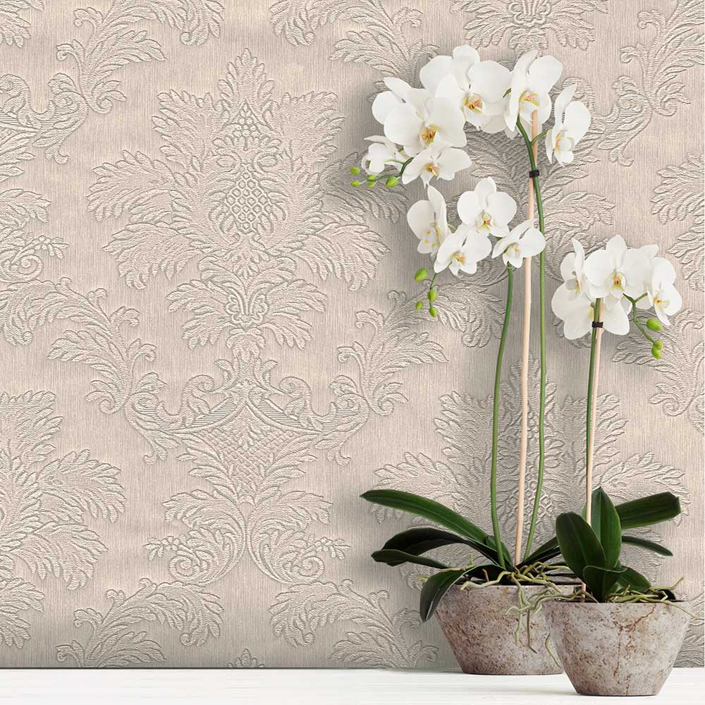Tilly Damask Wallpaper - Beige - by Albany
