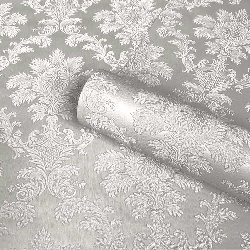 Tilly Damask Wallpaper - Silver - by Albany