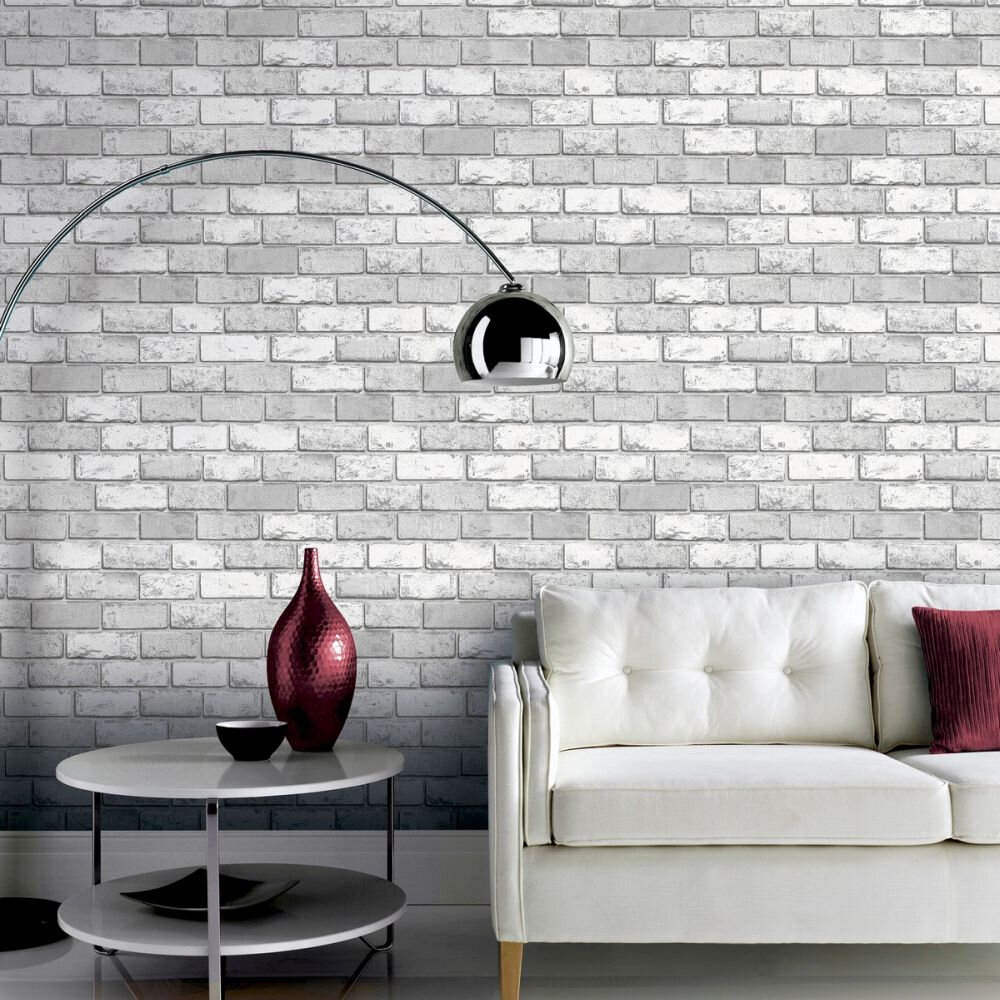 Metallic Brick Wallpaper - White / Silver - by Arthouse