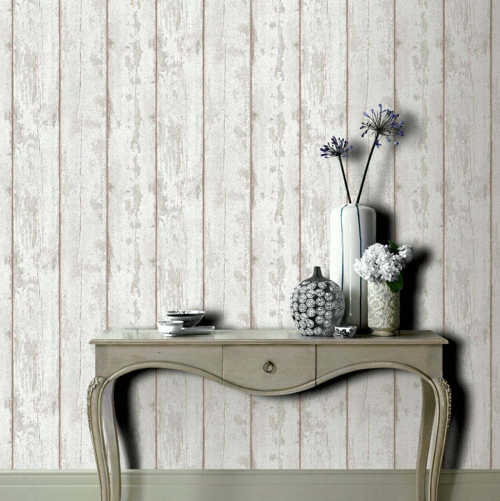 Washed Wood Wallpaper - White - by Arthouse
