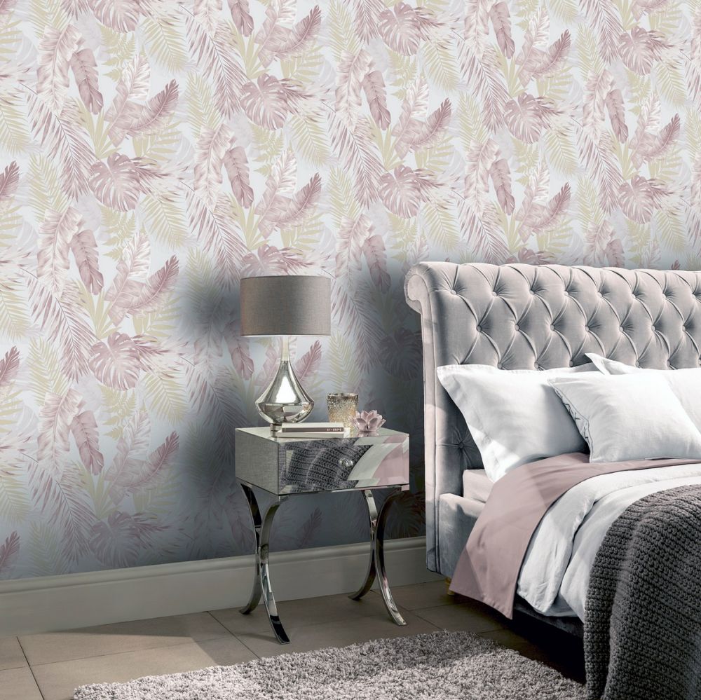 Arthouse Soft Tropical Blush Pink Gold Wallpaper Hand Dawn Tropical Leaf 297107 