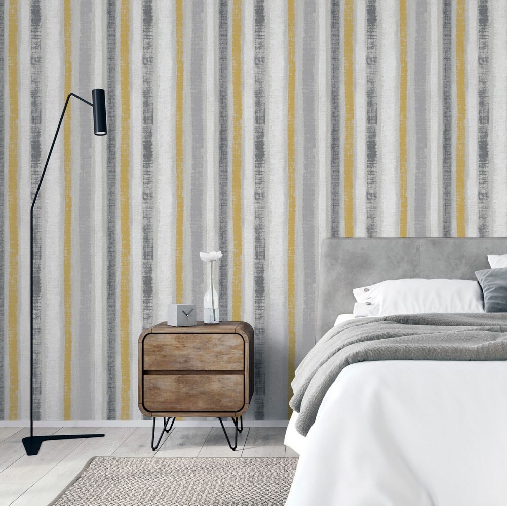 Painted Stripe Wallpaper - Ochre / grey - by Arthouse
