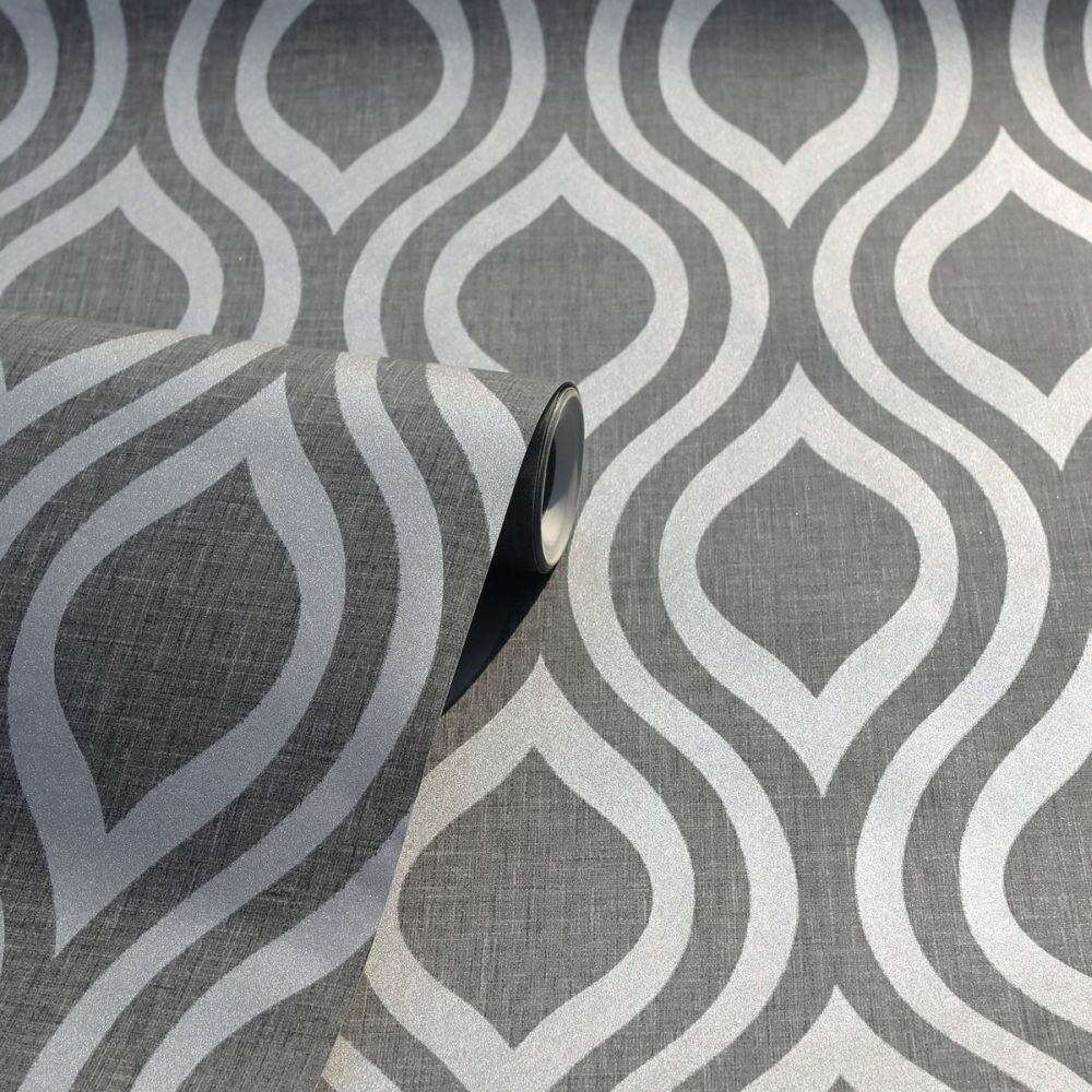 Luxe Ogee Wallpaper - Gunmetal Silver - by Arthouse