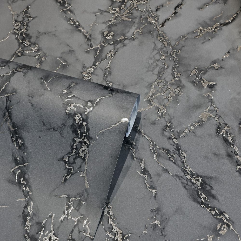 Carrara Marble Wallpaper - Charcoal - by Arthouse
