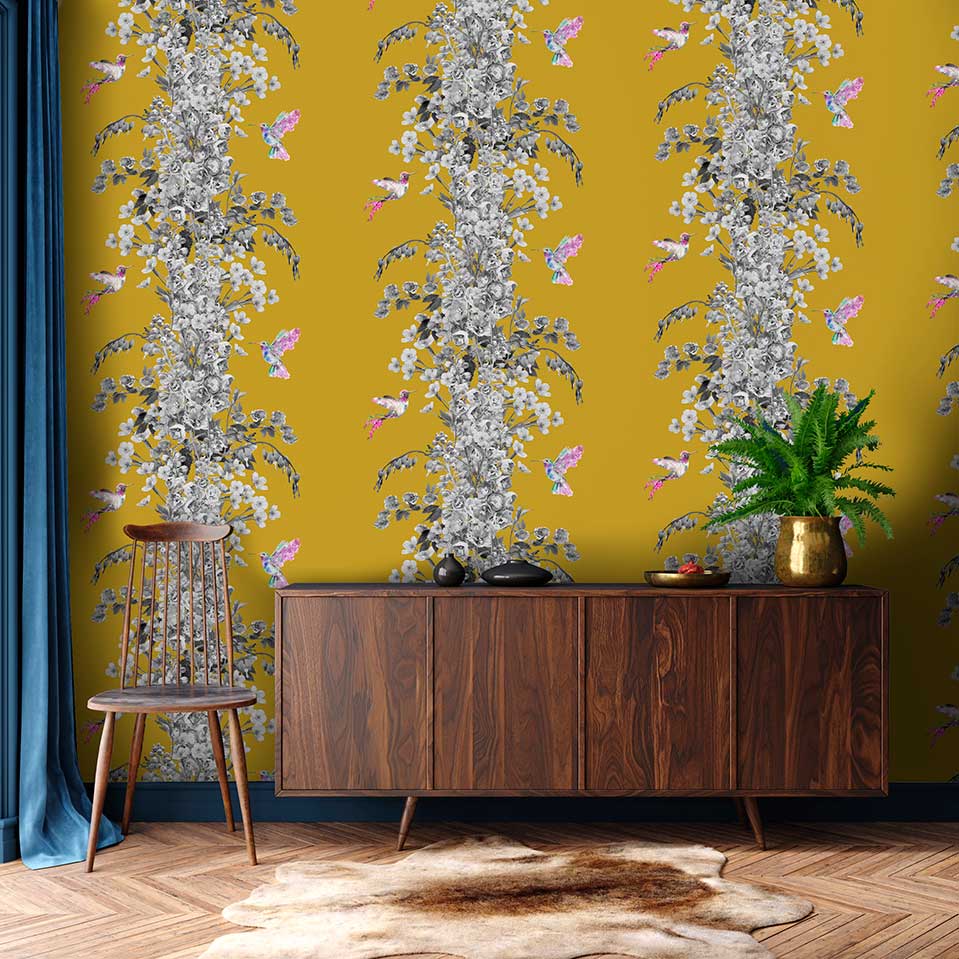Hummingbird Wallpaper - Black / White / Mustard - by Lola Design