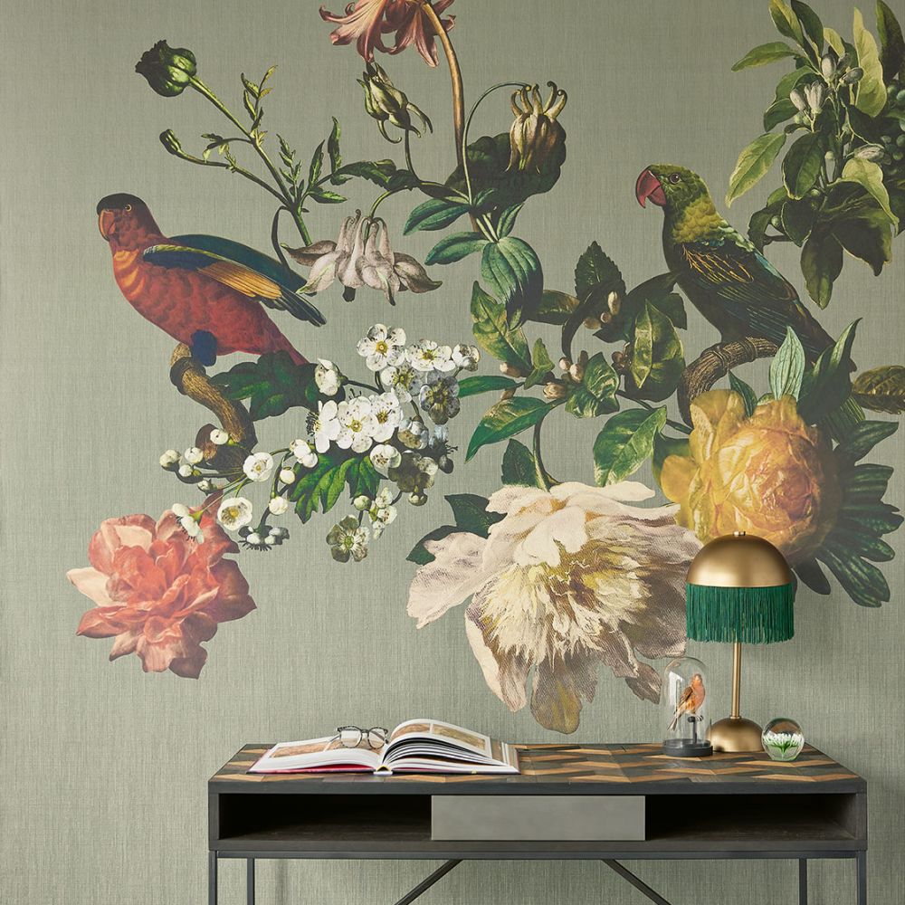 Bird & Flower Mural - Pastel Green - by Eijffinger