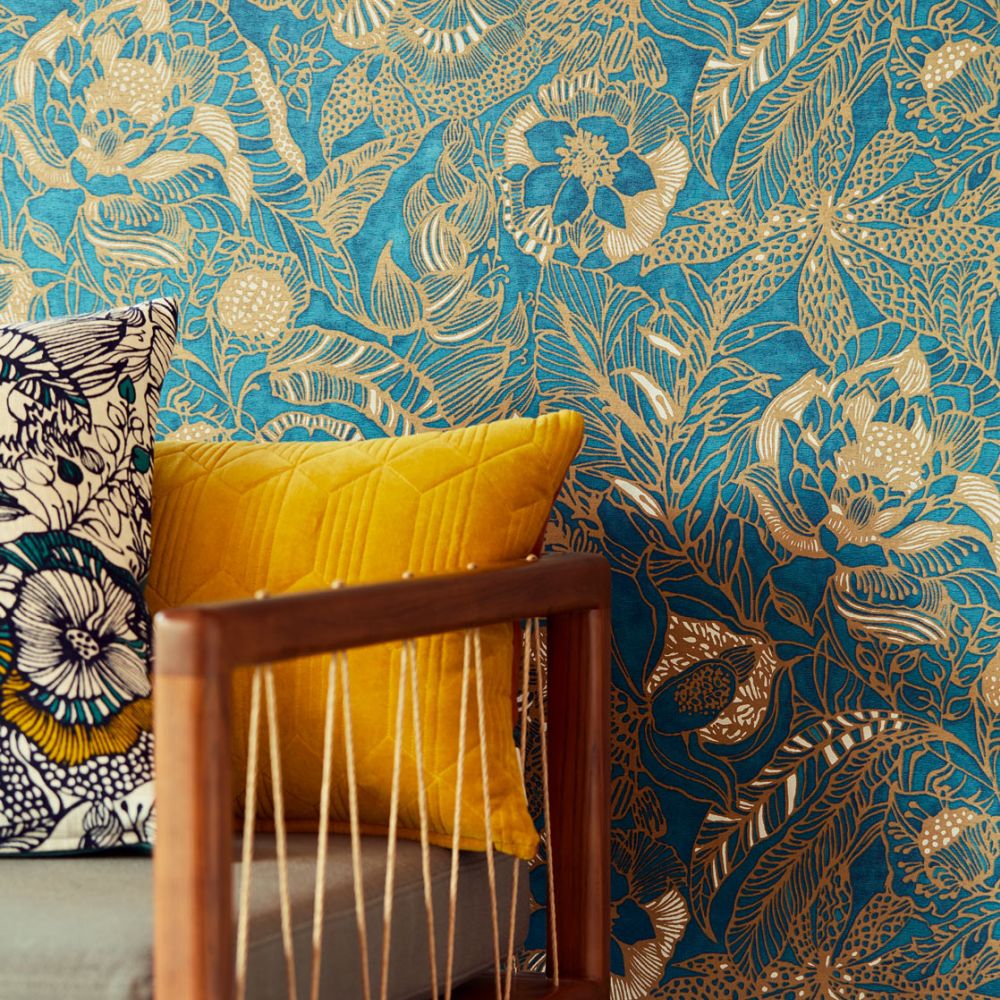 Floral Etching Wallpaper - Teal - by Eijffinger