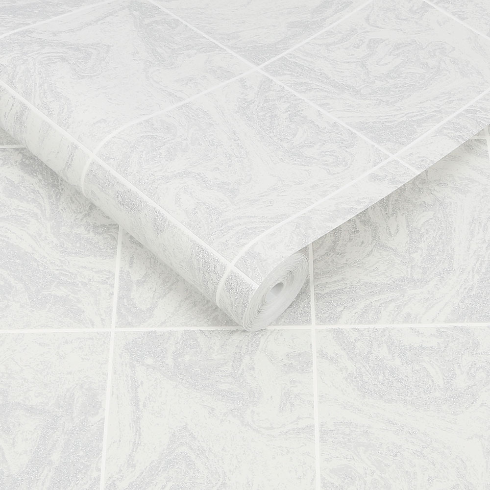 Glitter marble tile Wallpaper - White - by Contour