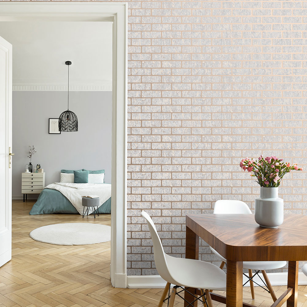Milan Brick Wallpaper - Grey Rose Gold - by Superfresco