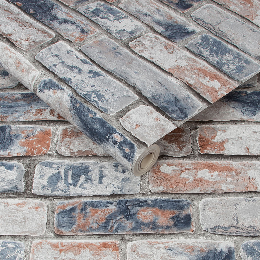Distressed brick Wallpaper - Navy/Red - by Superfresco Easy
