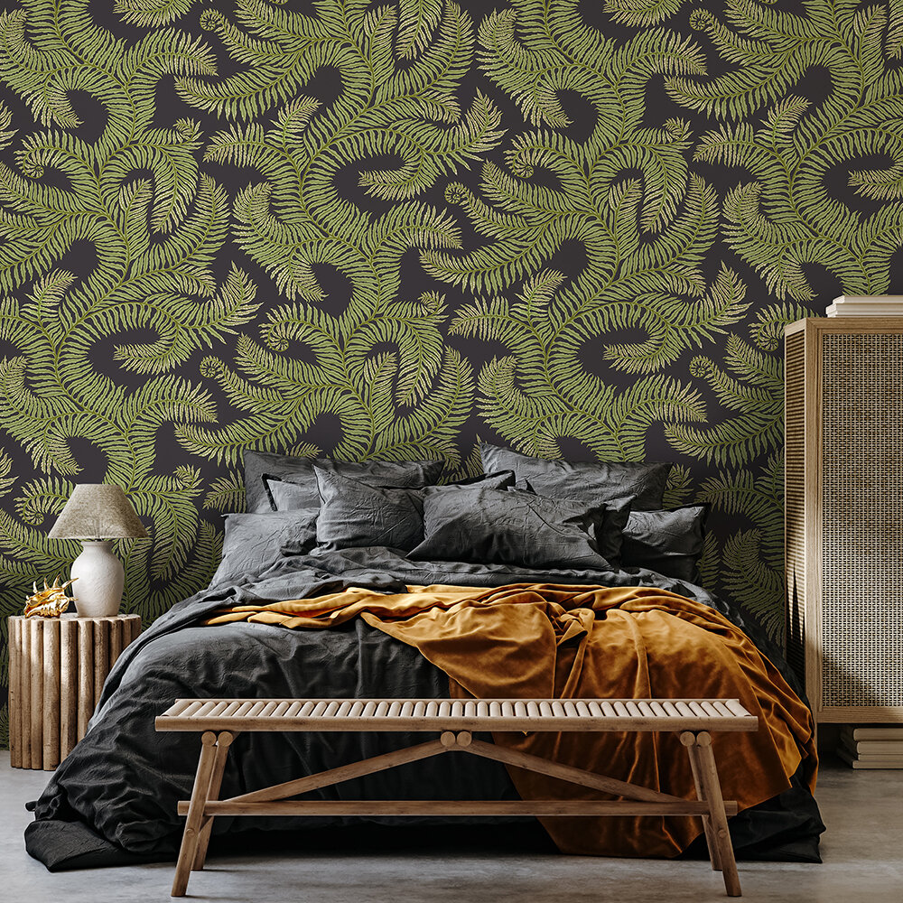Bombe's Fernery Wallpaper - Dark grey and green - by Josephine Munsey