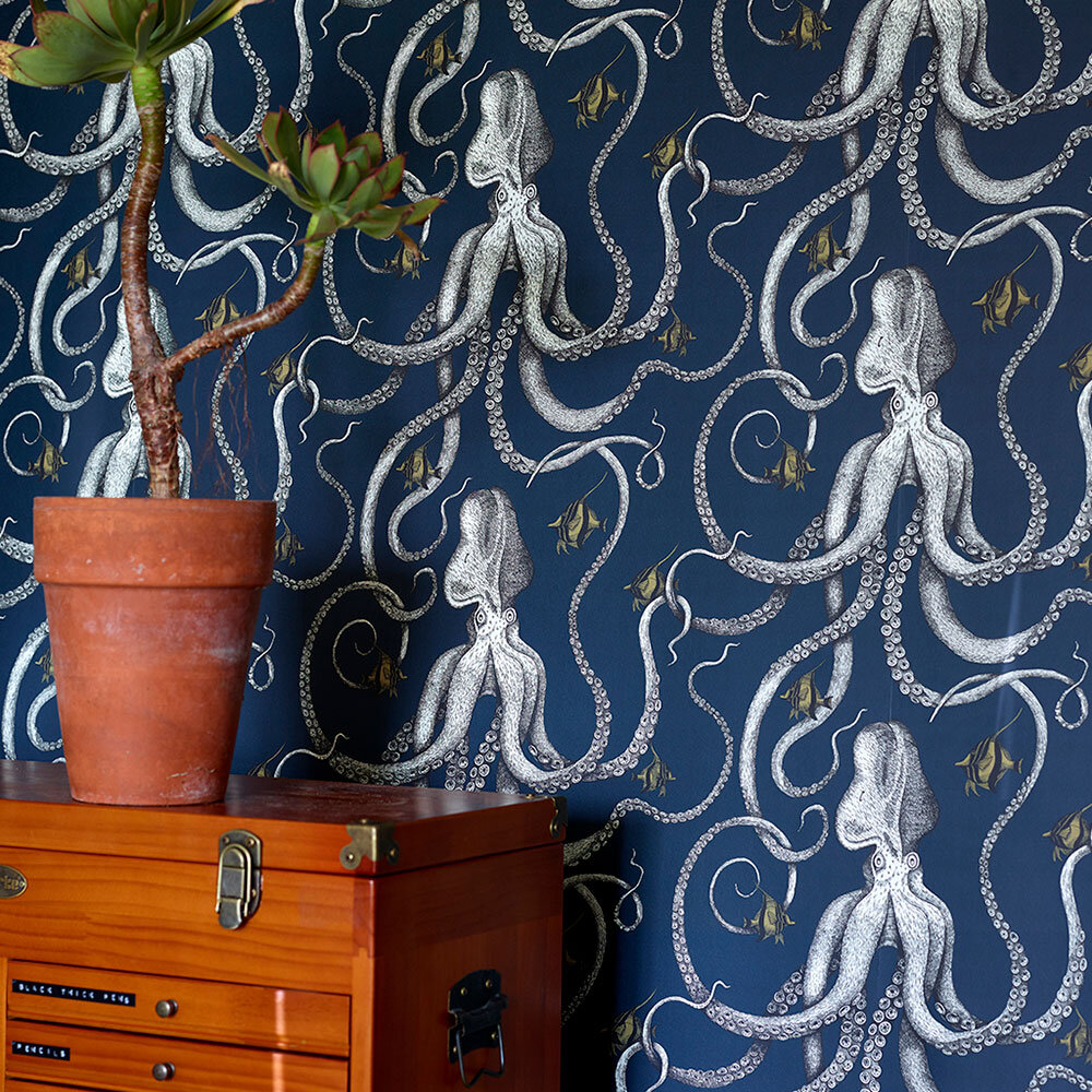 Octopoda Wallpaper - Deep sea blue - by Josephine Munsey