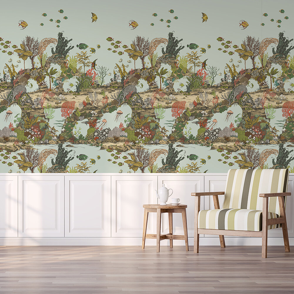 Underwater Jungle Mural - Soft Aqua and Coral - by Josephine Munsey