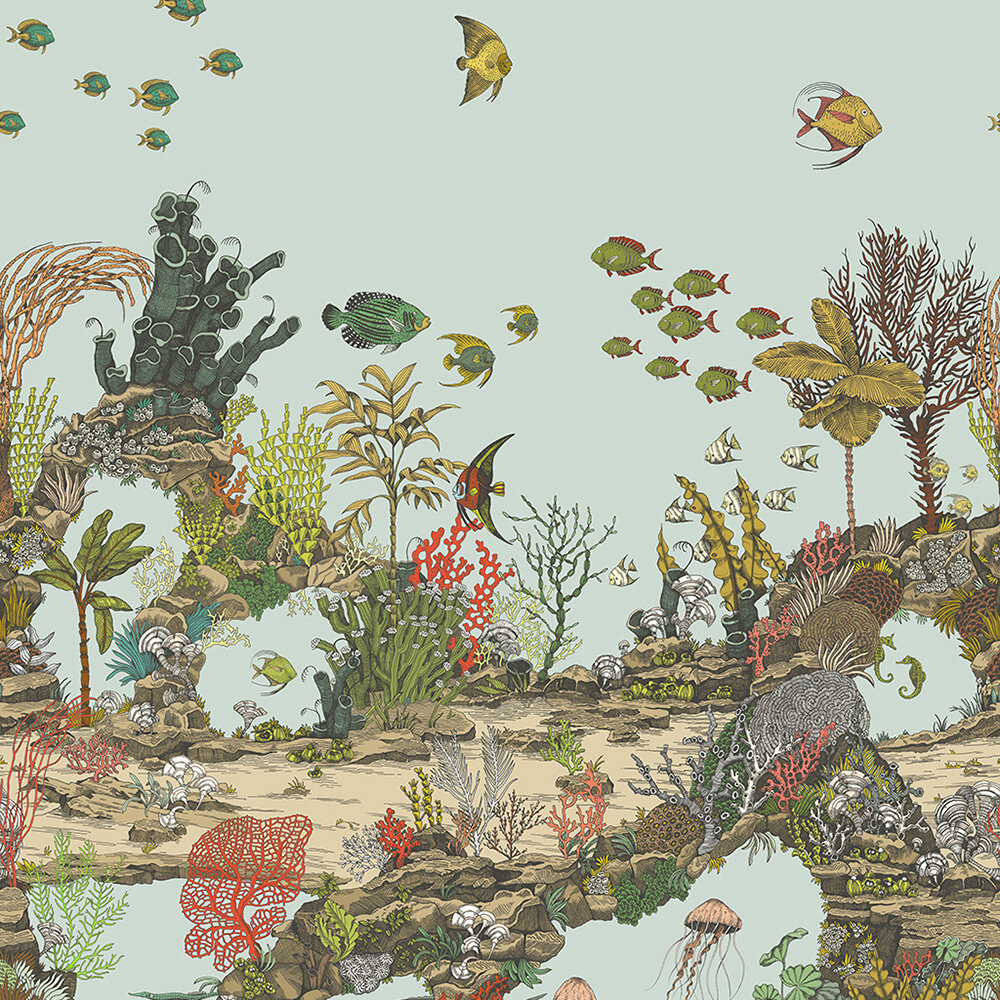 Underwater Jungle Mural - Soft Aqua and Coral - by Josephine Munsey
